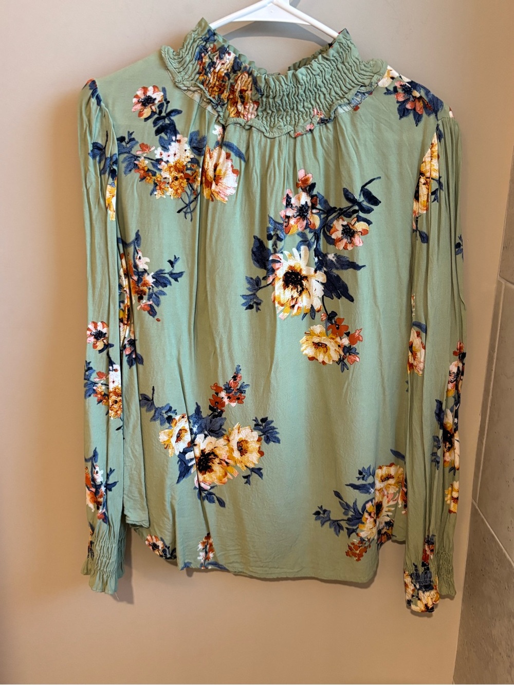 Ces Femme Sage Green Floral Smocked Neck Long Sleeve Blouse